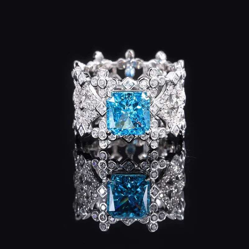 S925 all body silver dithering pitch carbon diamond hollow inlaid diamond women's ring main stone 8 * 8