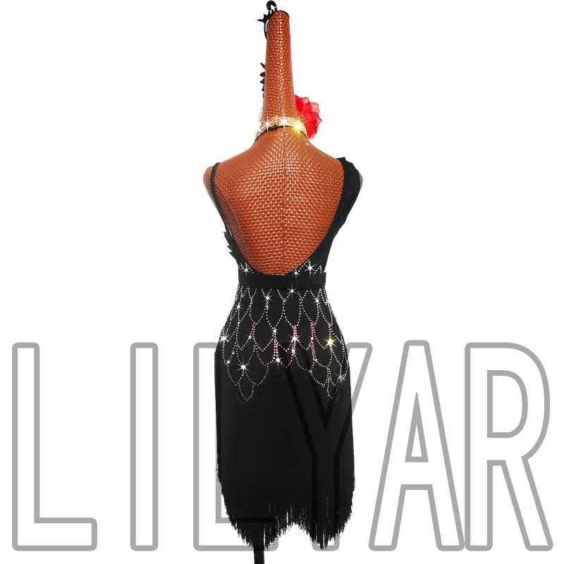 New Latin Dance Performance Competition Performance Clothing Black Tassel Sparkling Diamond Slim High-End Dance Skirt