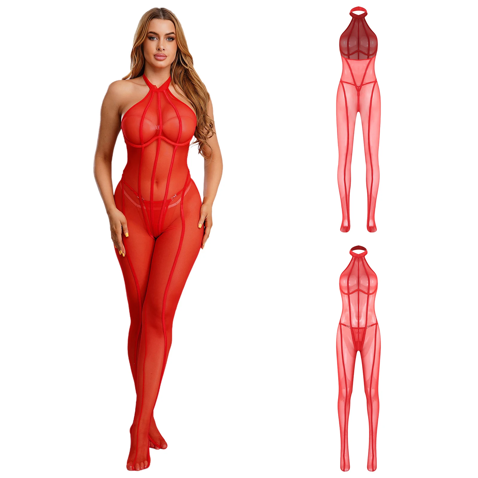 

Женские прозрачные чулки с бретелькой на шее и открытой спиной, стринги с Т-образной спинкой, прозрачные боди на косточках с эффектом пуш-ап, комбинезон, ночное белье