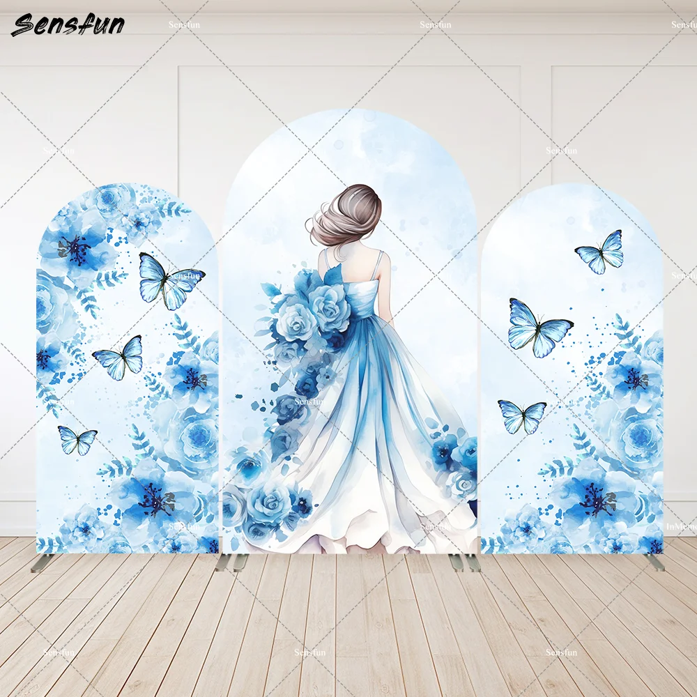 

Quinceanera Decorations Sweet 15th Birthday Party Arch Wall Backdrop Blue Rose Butterfly Princess Arched Cover Background