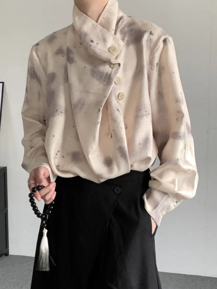 

New Chinese Style Long Sleeve Men's Shirt Spring Autumn Water Ink Print Stand Collar Loose Fit Fashionable Business Casual Shirt