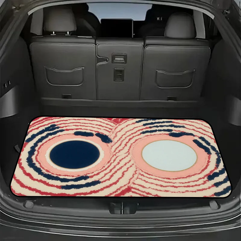 Long-Lasting Trunk Liner For Vehicles Featuring A Stylized Design Of Abstract Eyes On A Red Backdrop With Blue Highlights. This - view 2