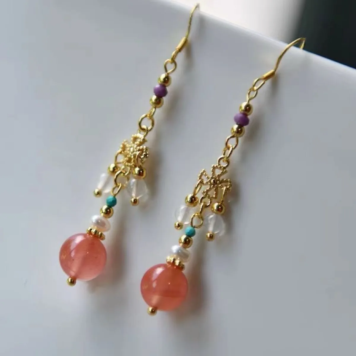 Ethnic Chinese Colorful Jade Pendant Earrings for Women Retro Palace Design Lovely Small Jewelry Creative Ear Clip Hanfu Gifts