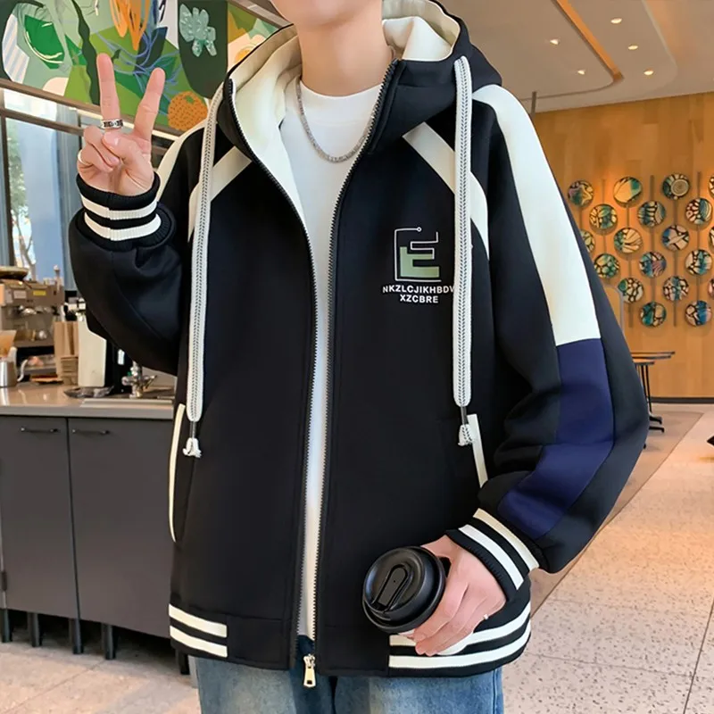 

Мужская бейсбольная куртка с капюшоном на молнии, весна-осень, цветной, с элементами джинсовой ткани, модная, для подростков, спортивная, повседневная, свободного кроя