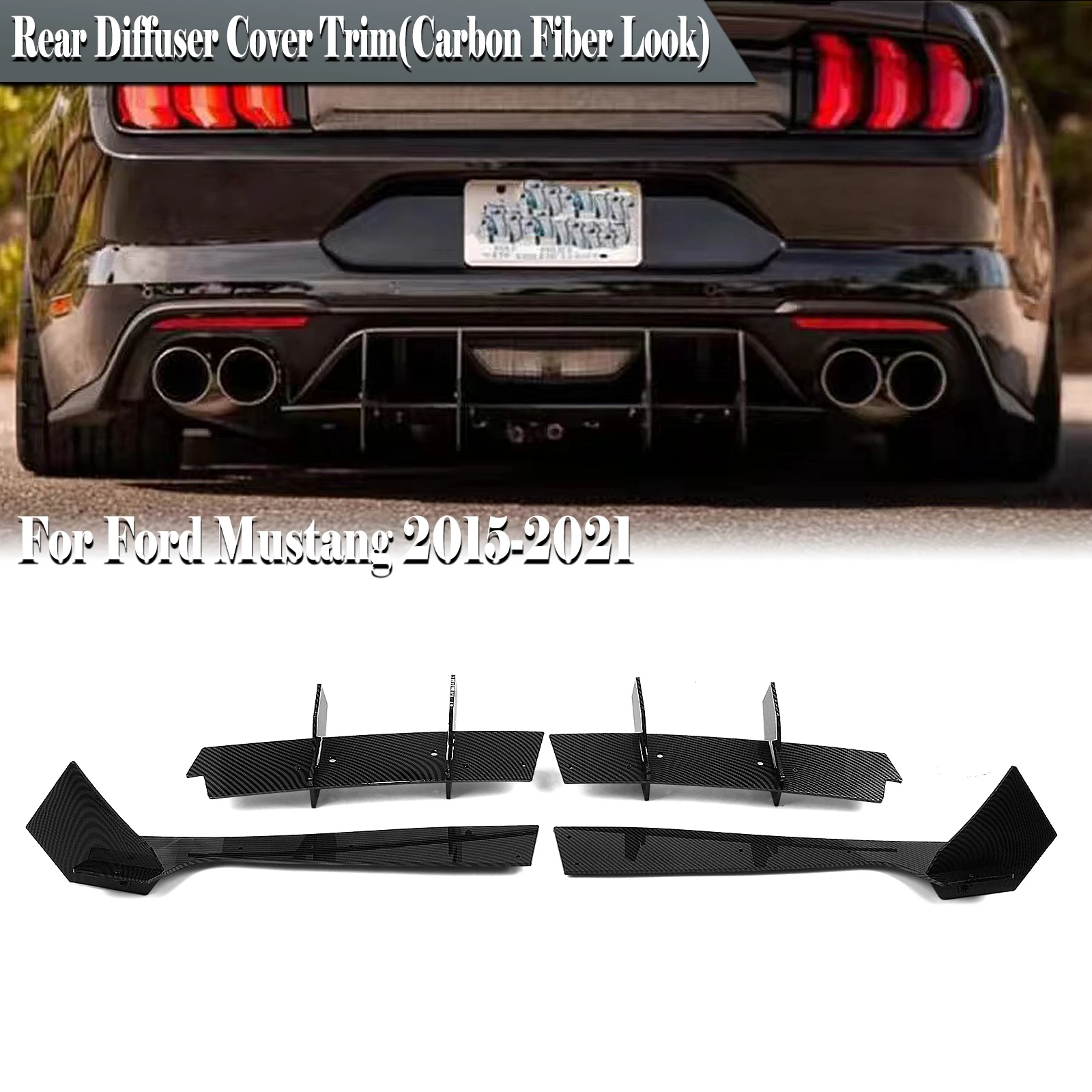 

For Ford Mustang 2015 2016 2017 2018 2019 2020 2021 Carbon Fiber Look/Gloss Black Rear Bumper Splitter Spoiler Plate Bracket Kit