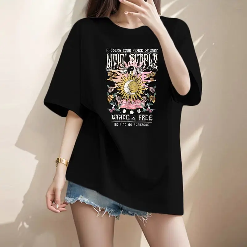 Women Clothing Fashion Hand-Painted Print Y2k T-shirt Summer Pure Cotton O-neck Short Sleeve Basic Top Tee Casual Loose Pullover