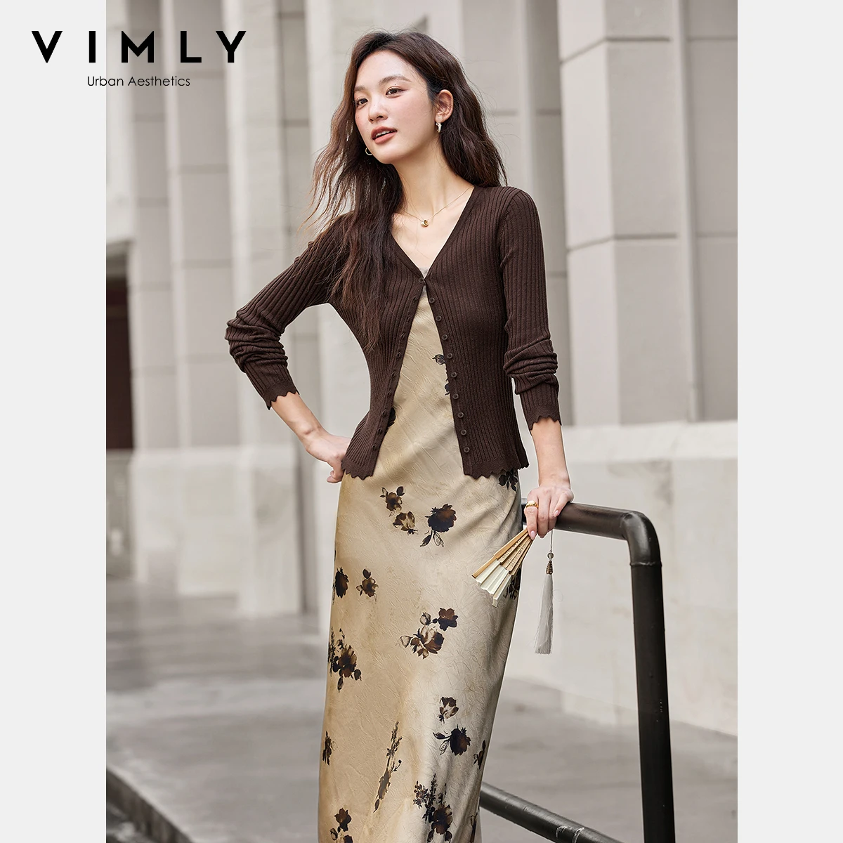 VIMLY Woman Dresses Sets Two Pieces Autumn 2026 Brown Knitted Slim Cardigan Long Suspender Dress Elegant Women's Suits A2396