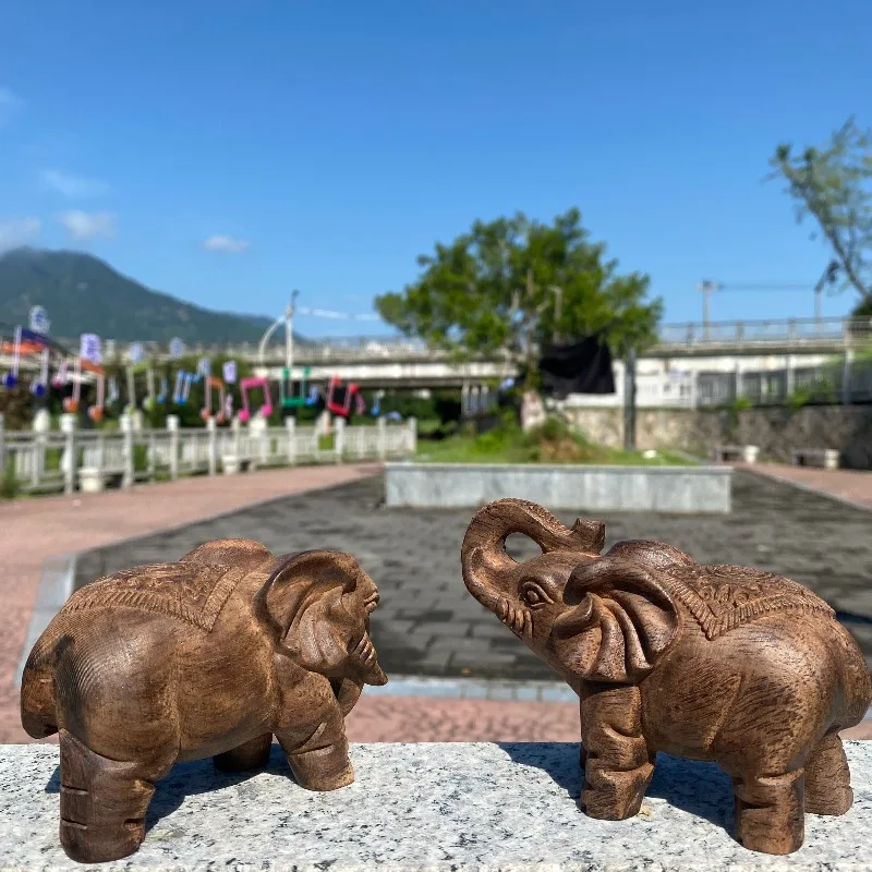 

Hand-Carved Agarwood Elephant Statue Pair - 4.3/4.7" Wooden Feng Shui Elephant Figurines for Home Decor, Office, Living