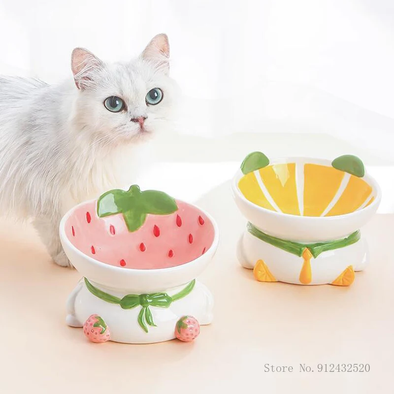 Cute Cartoon Fruit Lemon/Strawberry Shaped Ceramic High Foot Pet Protection Cervical Neck Dog Drinking Water, Cat Food Bowl, 1Pc