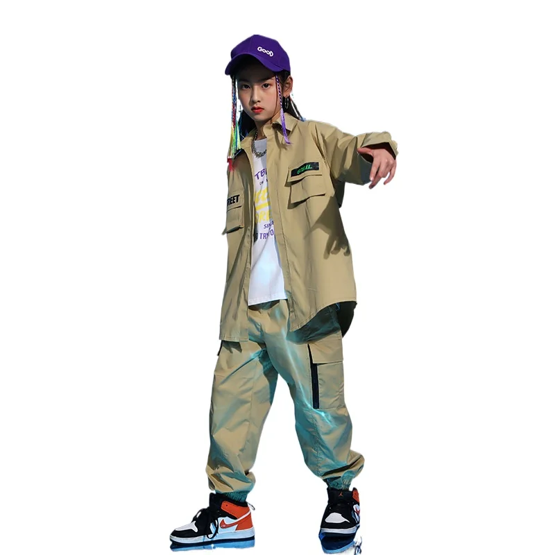 Children's Sets Boys Girls Streetwear Hip Hop Long Sleeve Loose Casual Shirt Cargo Pants Kids Shirts Trousers Stage Clothing