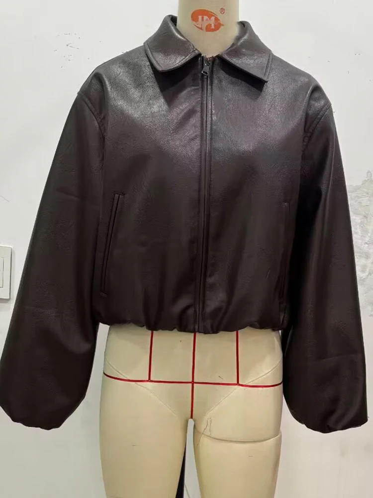 HH Women's Autumn Vintage New Faux Leather Pilot Lapel Collar Jacket Female Fashion Versatile Zipper Pocket Warm Casual Coat