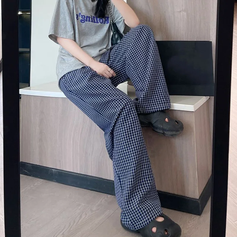 2025 Lente Meisjes Mode Marineblauwe Geruite Broek Vrouwelijke Koreaanse Retro Hoge Taille Broek Lady Chic Designer Rechte Pijpen Broek