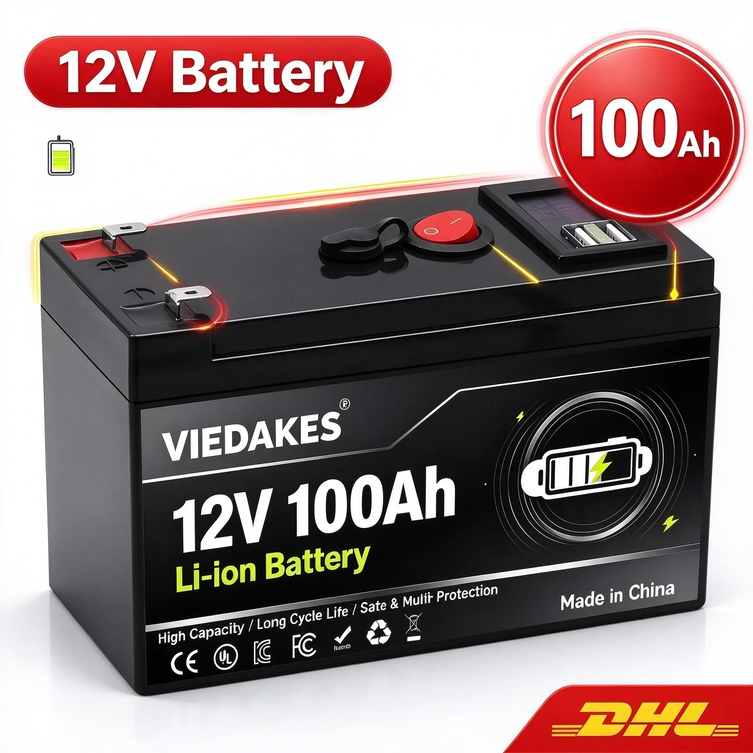 2026 High capacity 12V Battery 18650 Rechargeable Lithium Battery Pack with USB&LED for Camping,Toy Car,Solar Panel Power Supply