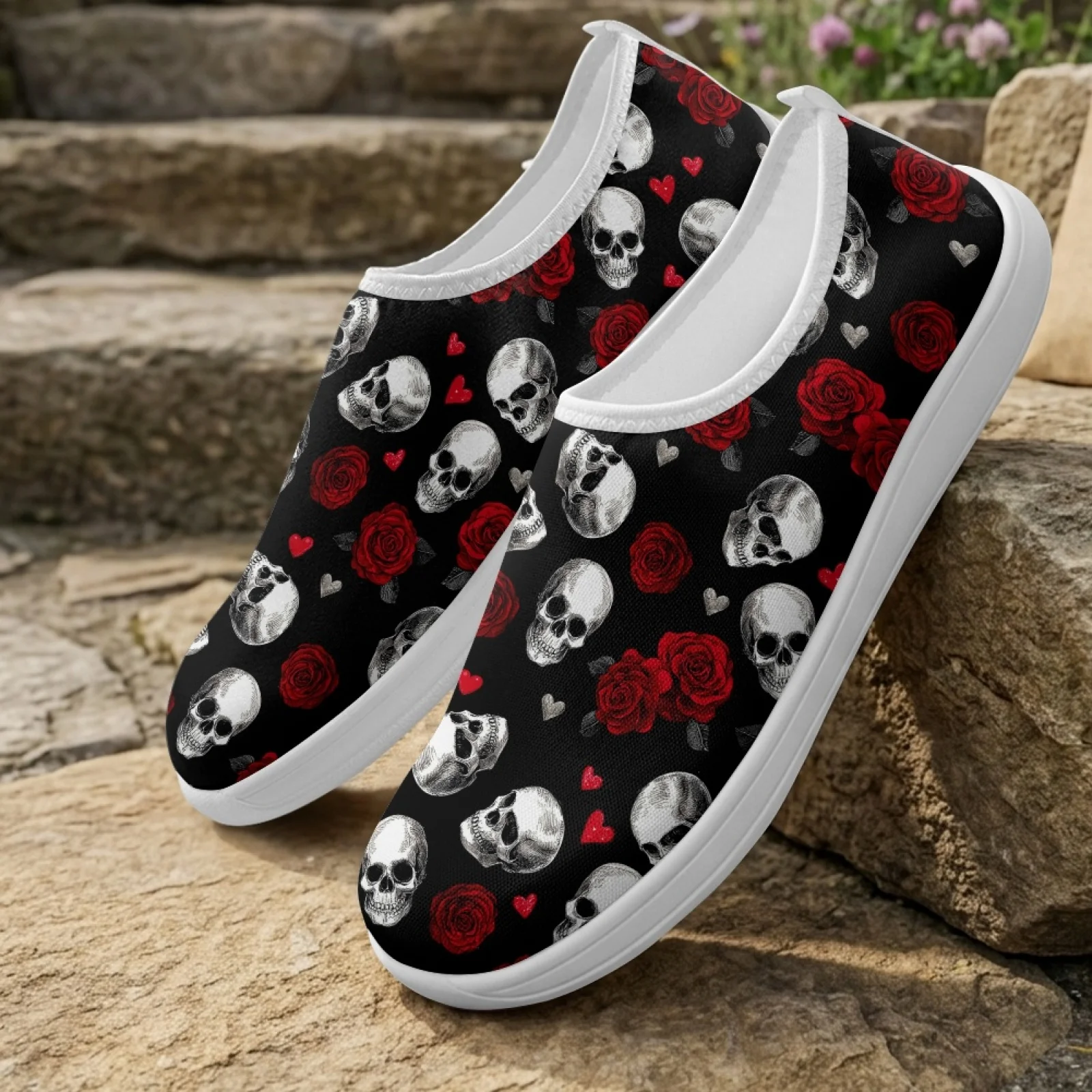 XIXIRIMIDO Women's Slip-on Wide-toed Shoe Nurse Shoes Men's Sneakers Casual Shoes Zapatillas de Mujer Tenis Feminino Rose Skull