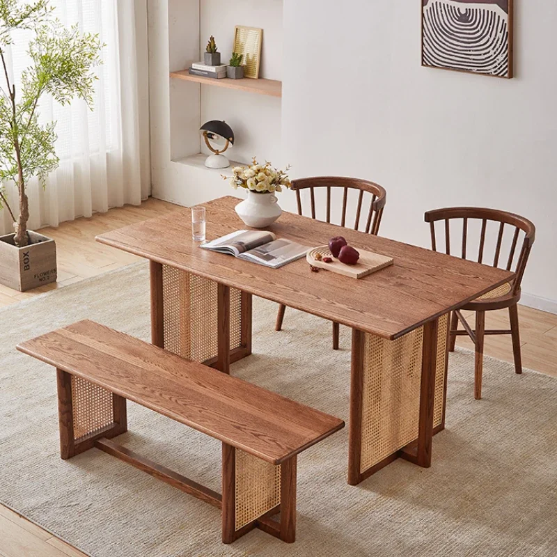 Mesa De Jantar De Madeira Maciça Rattan, Mesa De Chá Em Casa De Apartamento Pequeno, Mesa De Trabalho De Madeira De Nogueira Preta