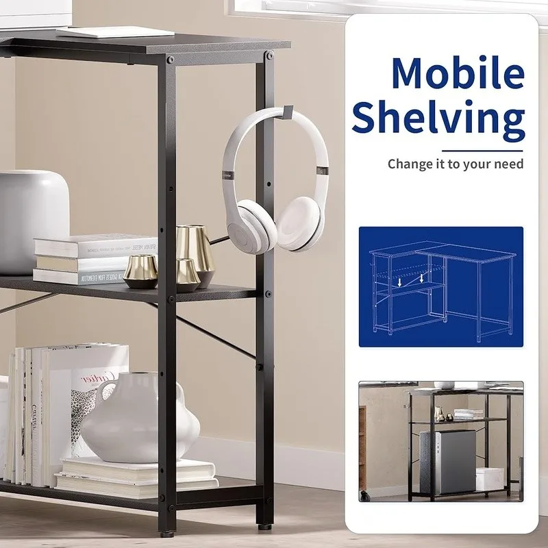 مكاتب كمبيوتر على شكل حرف L مع أرفف قابلة للتعديل، تصميم متين لألعاب المكاتب المنزلية ومساحة الدراسة