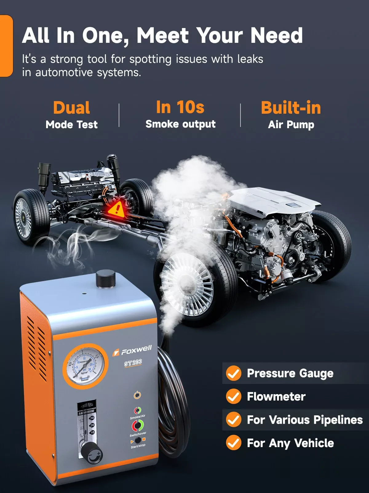 FOXWELL ST203 autóipari Bagózik gépi 12v Beágyazott Ária Csillogás EVAP Előírásnál kisebb nyomás Csőrepedés detektor autó Cső Súlyveszteség diagnostic teszter