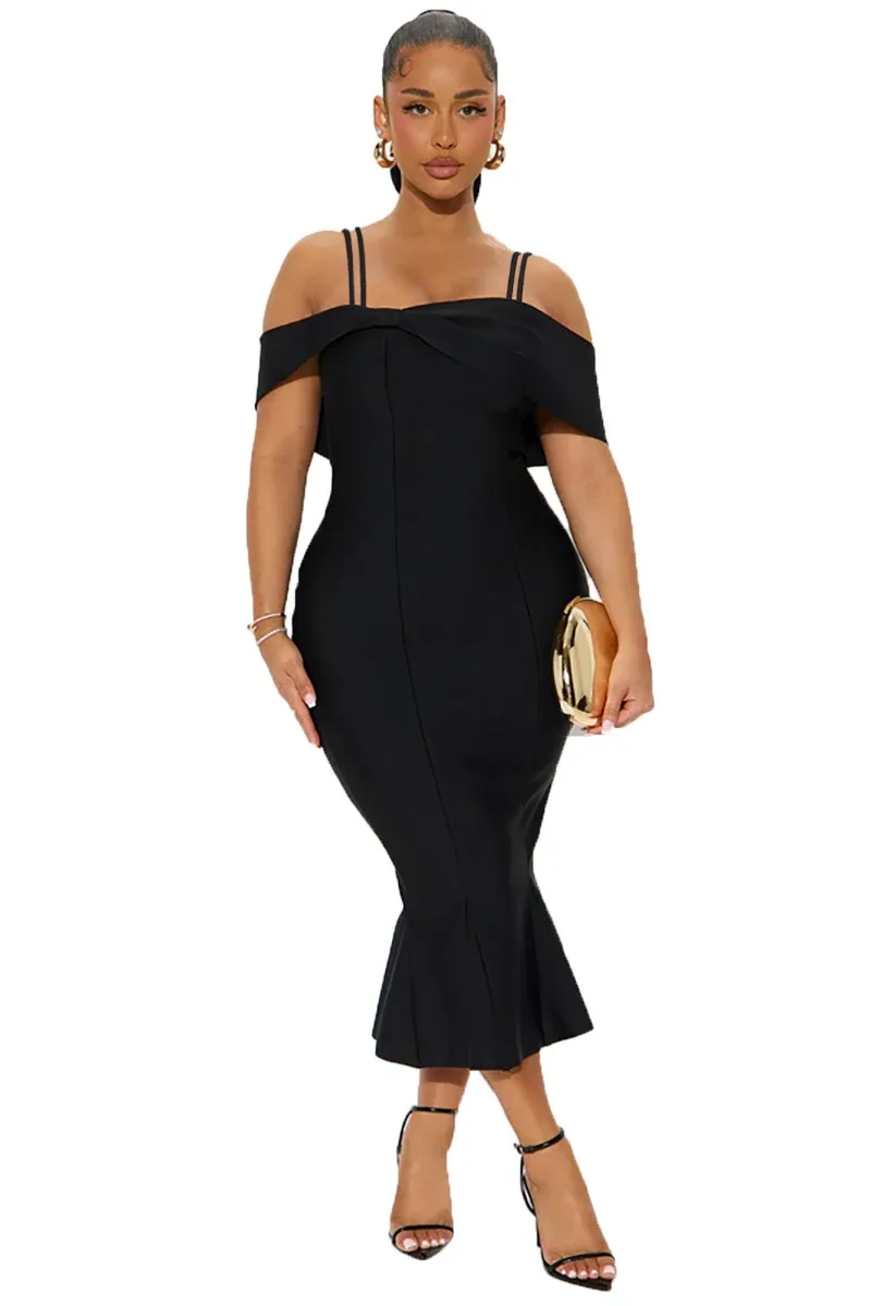 Customized women's sexy tight party dress with off shoulder camisole, MIDI skirt, ruffled cocktail party dance dress view 2