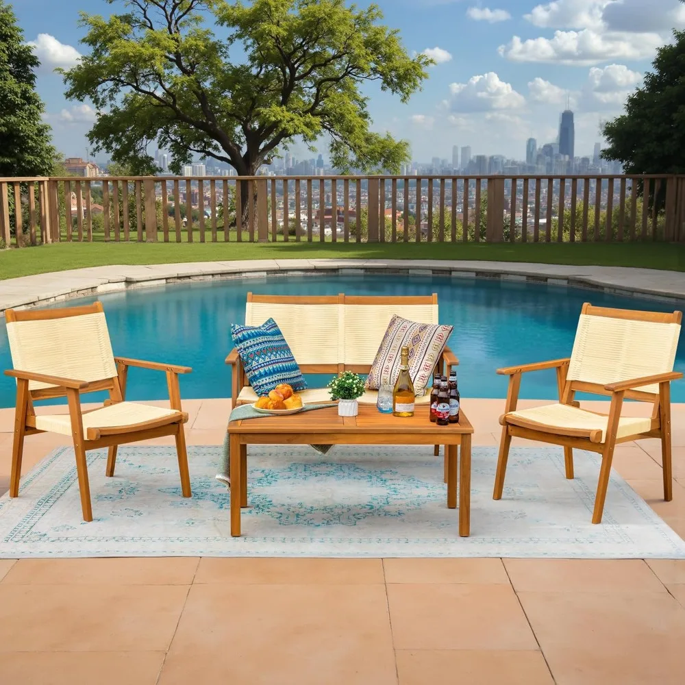 

4 Pieces Acacia Wood Patio Conversation Sets, Patio Furniture Set with Hand Woven Rope Seats and Back, Customized