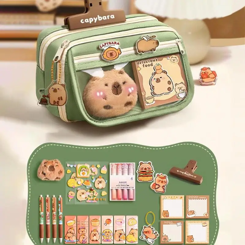 Estojo de lápis de tecido capivara fofo, 9 camadas, grande capacidade, zíper animal, bolsa infantil, meninos, meninas, material escolar