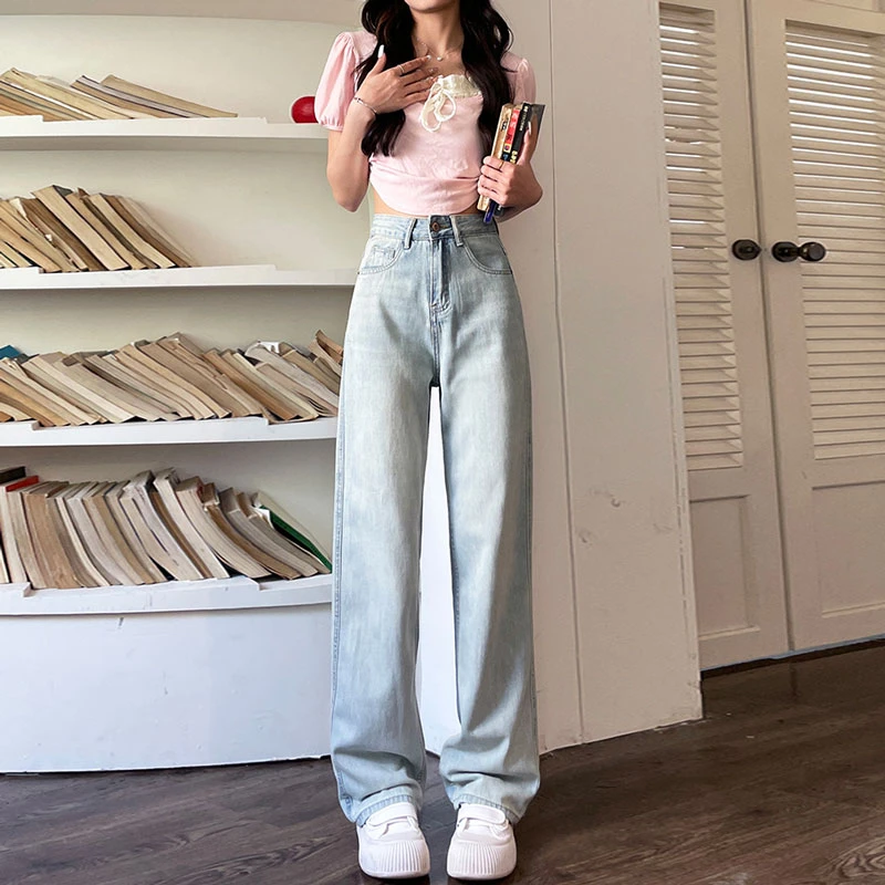 Pear-shaped wide-legged jeans women's summer and fall design sense pink label high waist loosecasual trailing straight longpants