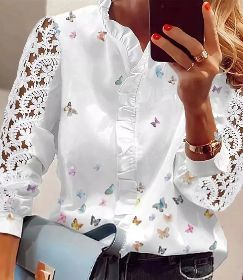 

Elegant and Young Women's Long Sleeve Blouse, Butterfly Print, White Lace Blouses, Women's Fashion Clothes, 2025 Shirt Clothing