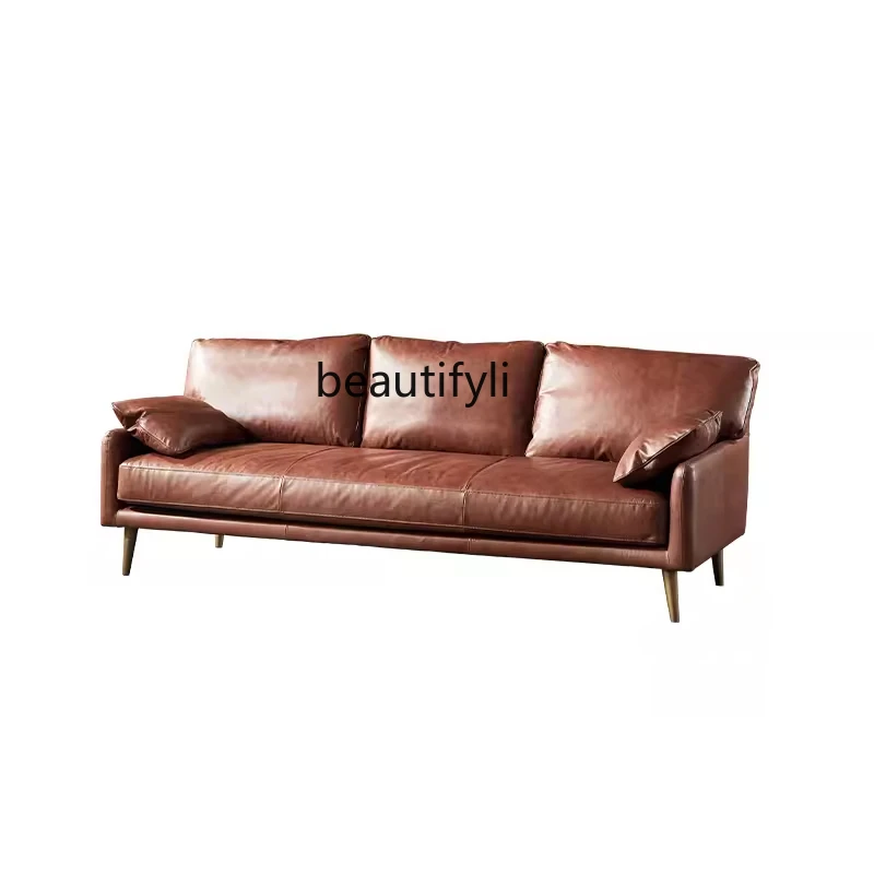 

Nordic Modern Simple Small Apartment Living Room Full Leather Sofa Retro Affordable Luxury Designer Antique Oil Wax Leather