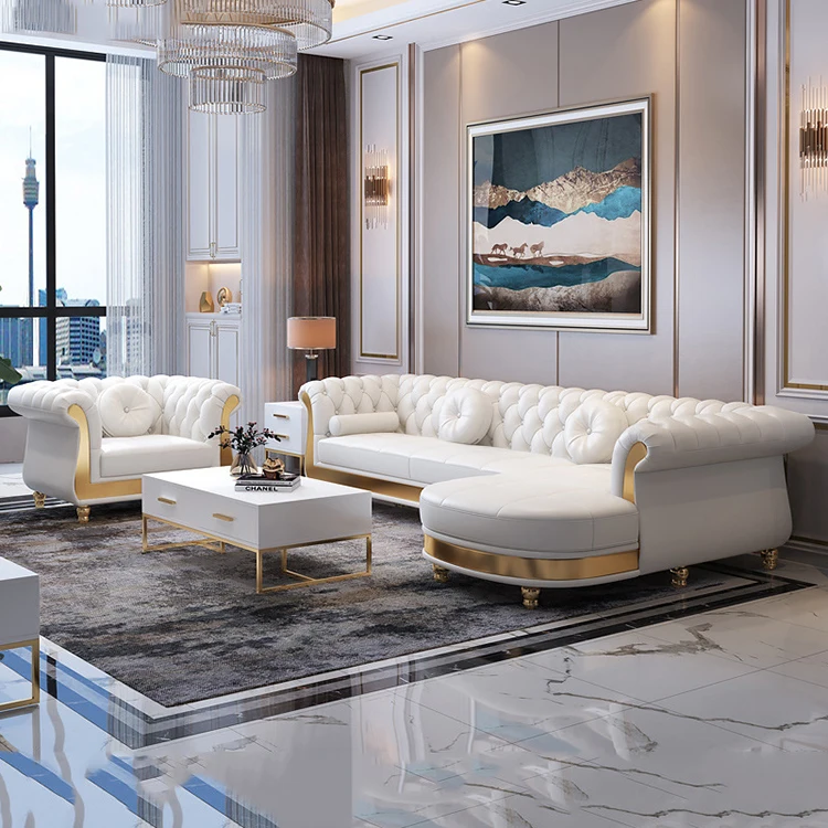 

White Genuine Leather Corner Sofa Set Minimalist Sofa Furniture Set Living Room White Leather Chesterfield Sofa and Armchair