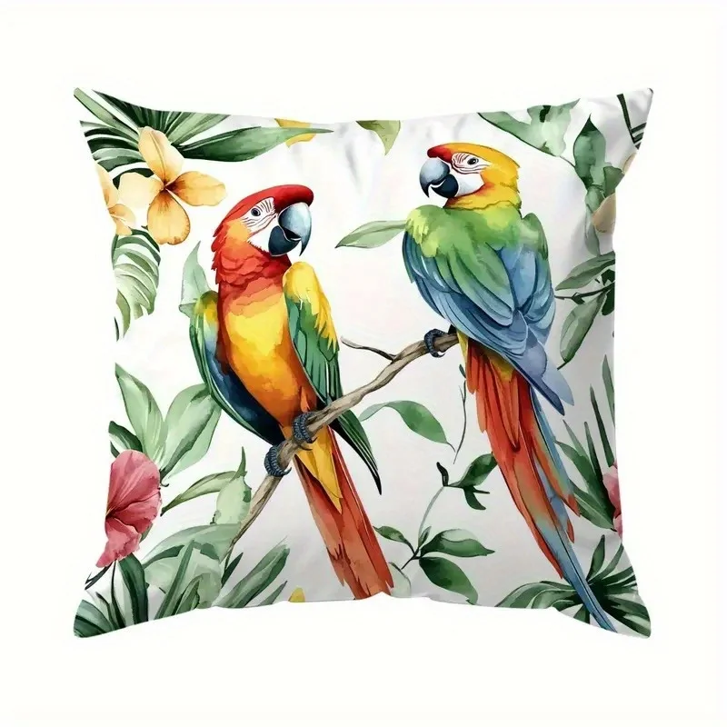 1pc 2D Flat Pillow Not Included Tropical Parrot Watercolor Art Cushion Cover Short Plush Jungle Theme Decor Gift Case