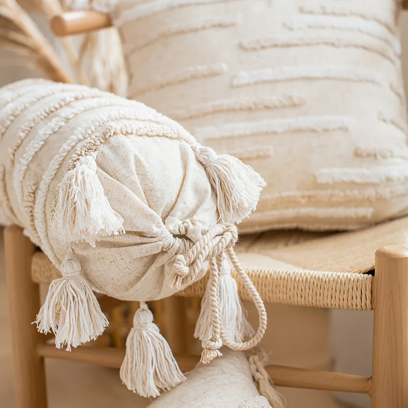 Boho Loop Tufted Pillowcase Cotton Linen Wabi-sabi Tassel Cushion Cover Candy Shaped Lumbar Pillow Cover Home Sofa Decorative