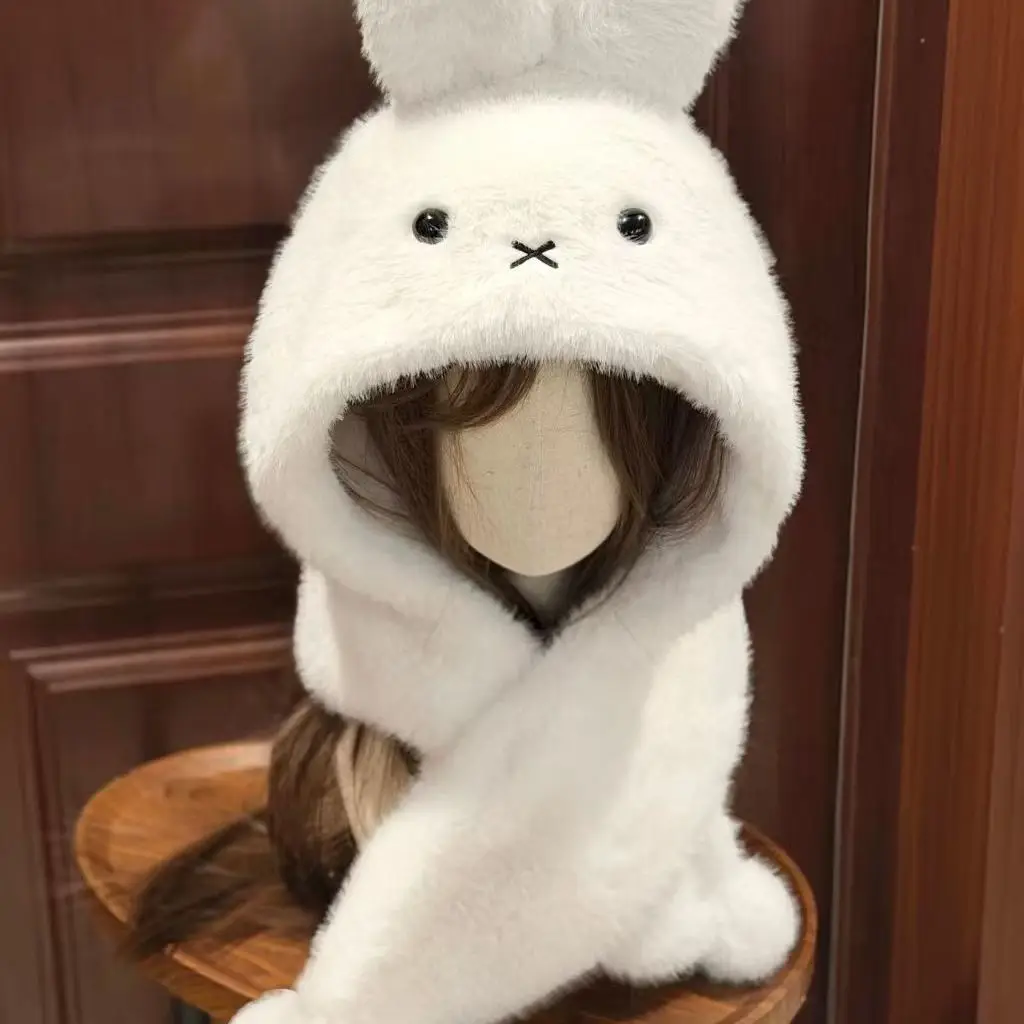 Ensemble chapeau et écharpe intégrés Miffy 3D Stéréo Adorable en peluche, doux et chaud, avec cache-oreilles, coupe-vent et cache-cou thermique d'hiver pour filles