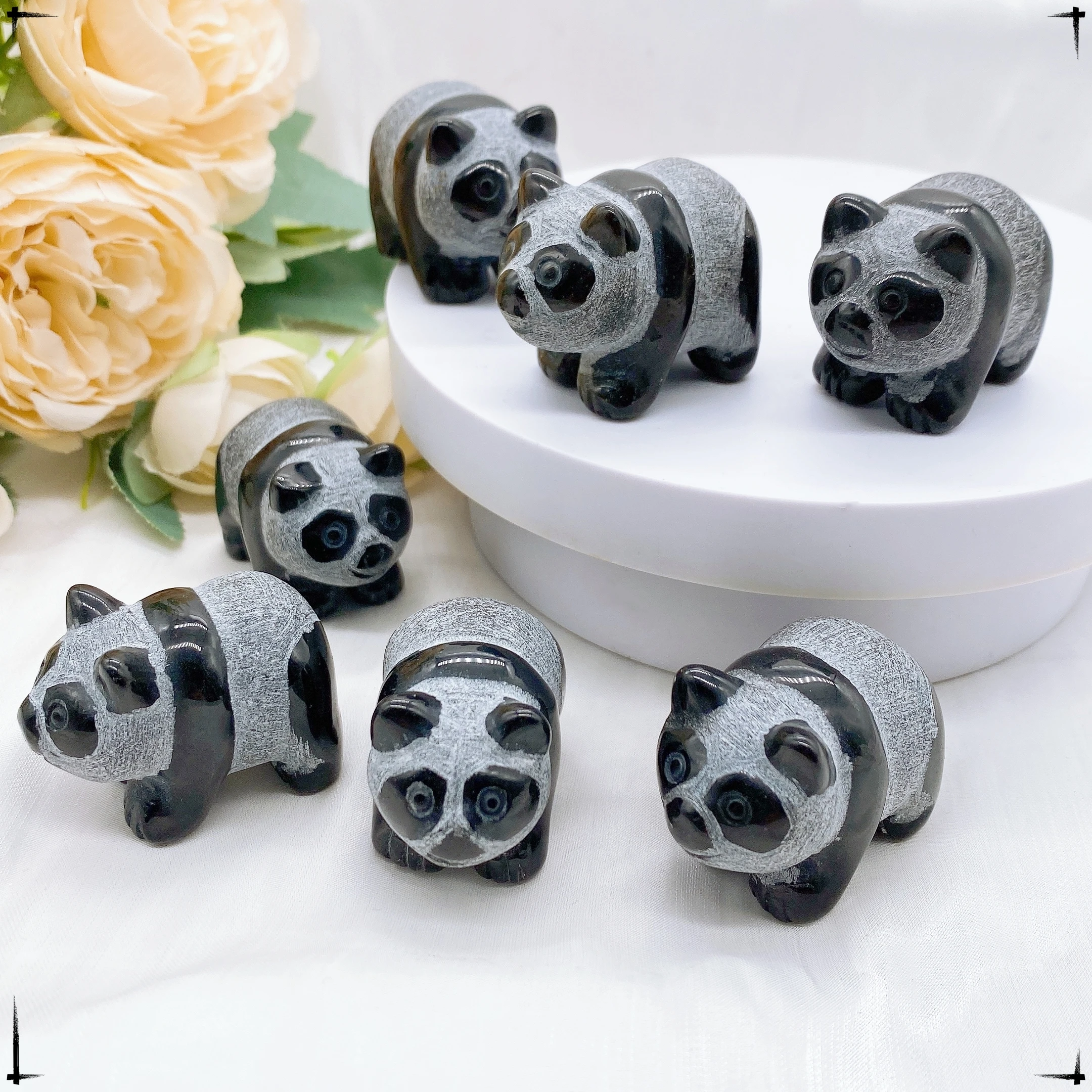 Natural Black Obsidian Panda China Bear Figurine Animals Cryatal Stone Reiki Crafts Small Decoration Souvenir Home Decor Gifts