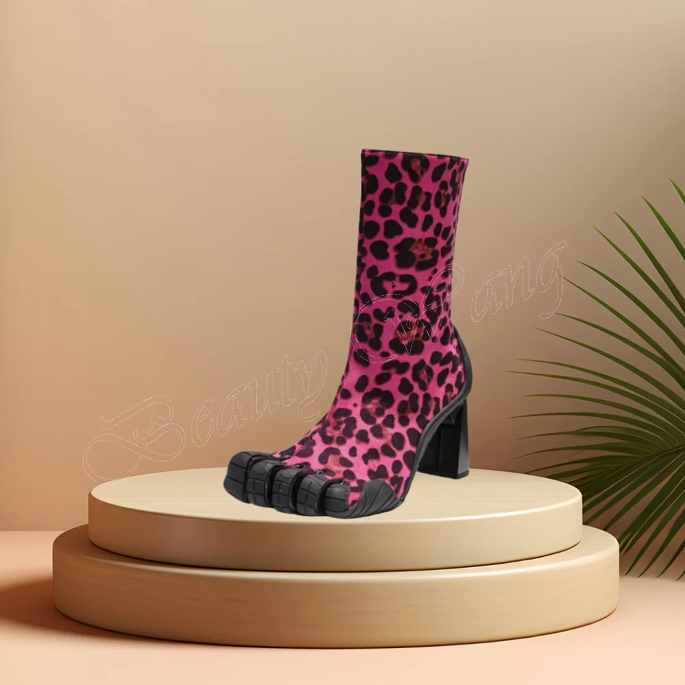 

Pink Leopard Five Fingers Boots Strange Style Chunky Heel Shoes Mixed Color High Heel Shoes for Women 2024 Zapatillas Mujer