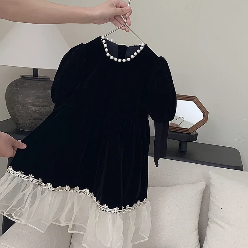 Korean children\'s clothing autumn 2023 new girl French black dress little girl gauze stitching princess skirt tide.