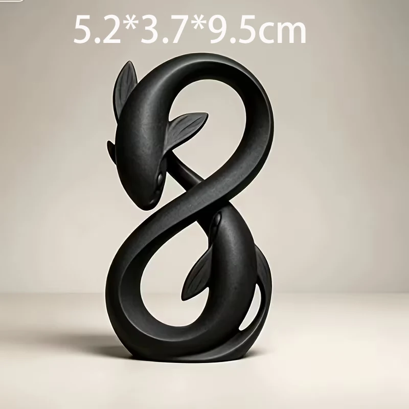 3D Printed Black Infinity Double Fish Sculpture Abstract Intertwined Fish Statue Minimalist Modern 8 Shape Tabletop Ornament