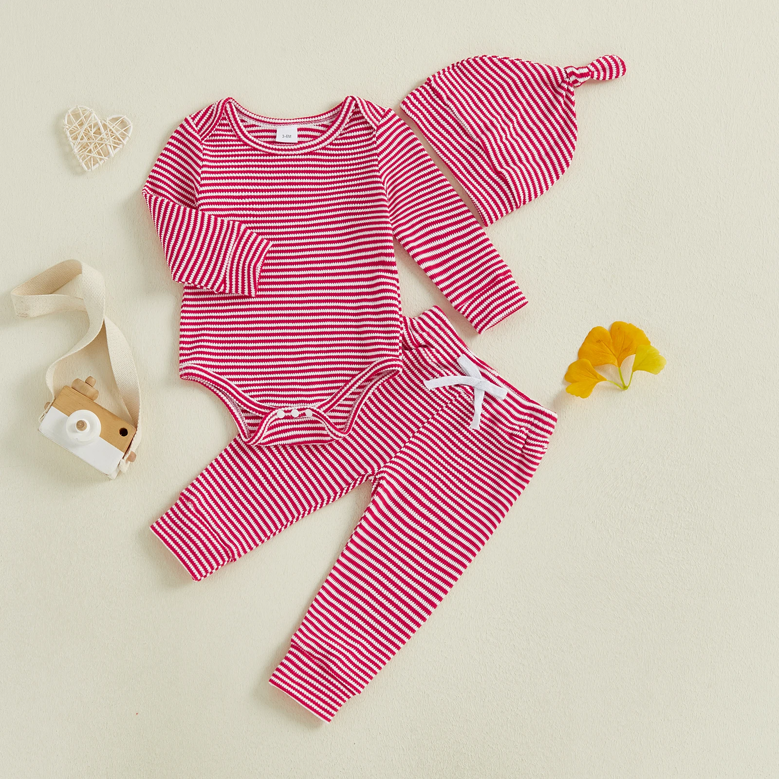 Tregren Infant Baby Boys and Girls Spring Fall Outfits Striped Crew Neck Long Sleeve Romper Pants and Cap 3 Pcs Clothes Sets