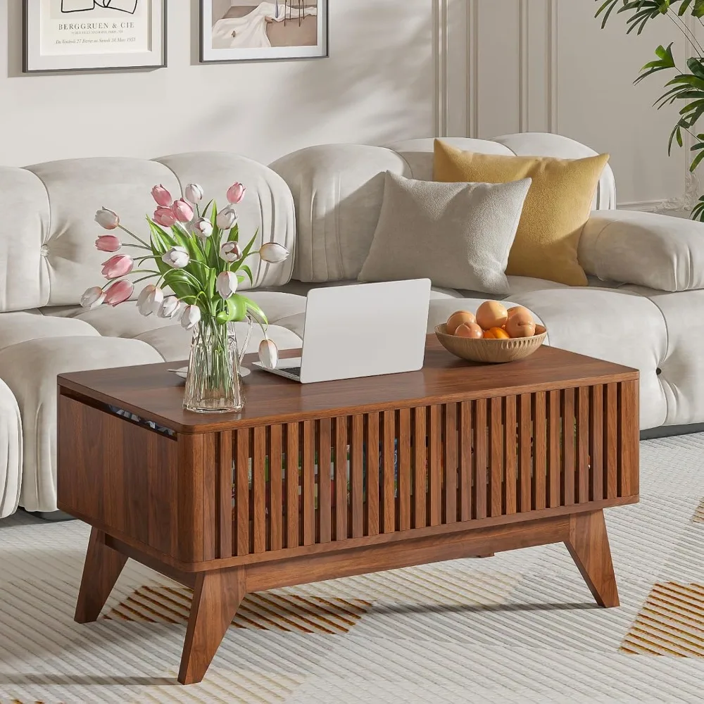 Lift Top Coffee Table with Hidden Compartment, Mid Century Modern Coffee Table for Living Room, Fluted Design Farmhouse Center T