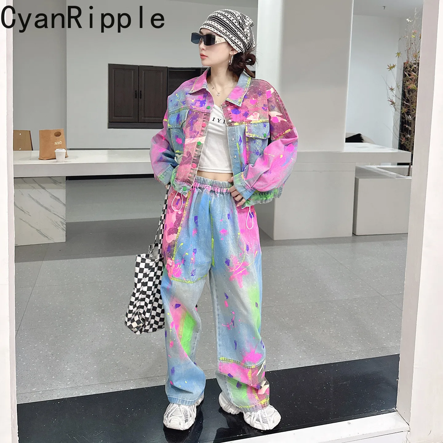 Fashionable Women Denim Set Hot Diamonds Hand-drawn Long Sleeve Jacket Coat Colorblock Elastic Waist Wide Leg  Straight Jeans