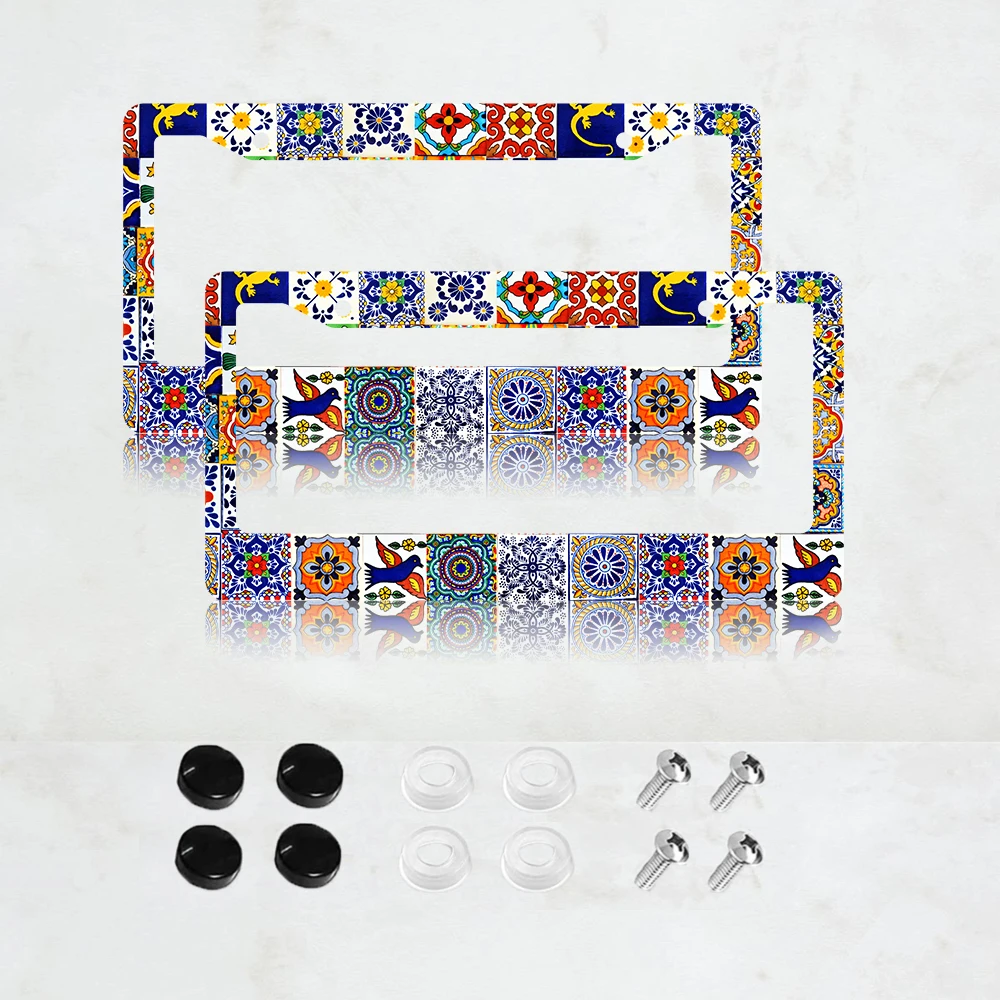إطار لوحة ترخيص بفتحتين بنمط الأزهار الملونة، مادة الألومنيوم، مقاس 6 × 12 بوصة مع مجموعة براغي، هدية تزيين السيارة