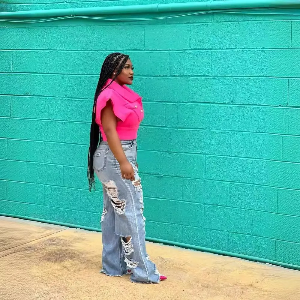 Frauen Jeans zerrissen Loch Vintage weites Bein Jeans hohe Taille knöchel lange Jeans hose solide Distressed Taschen locker sitzen lässig