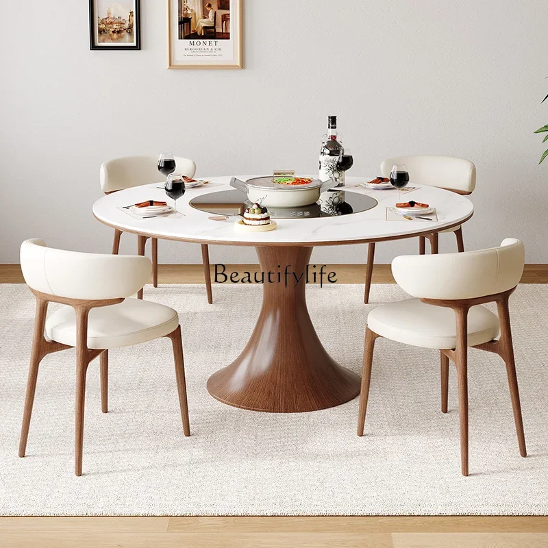 

Nordic round wall dining table with vegetable board turntable multi-functional induction cooker solid wood