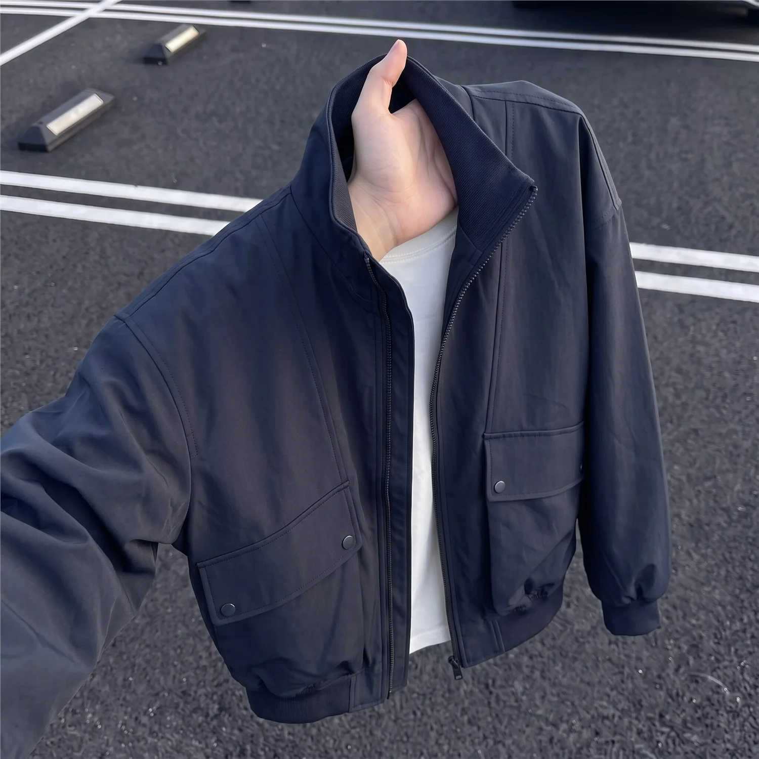 Apricot American Workwear Jacket Men Autumn Stand Collar Short Bomber Baseball Coat Unisex