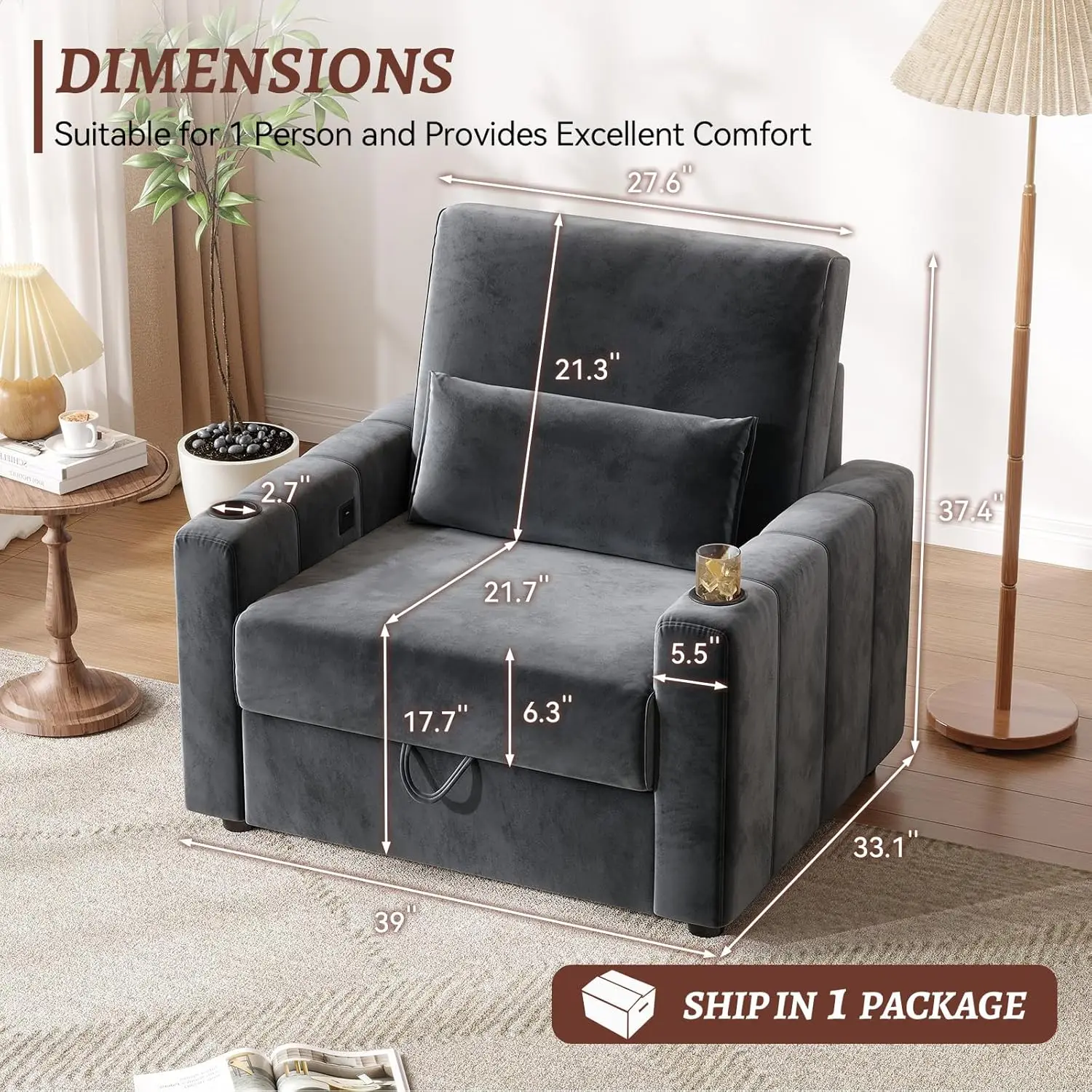 39 Inch Velvet Chair Versatile Oversized Single Sofa with Storage Charging Ports Cup Holders Easy Installation Modern Chairs Sid