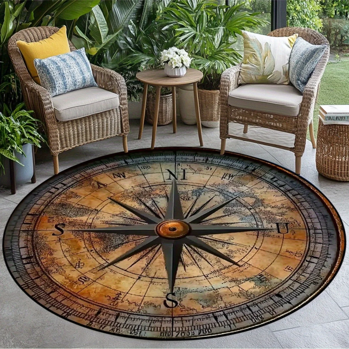 Vintage Compass Map Round Rug Flannel Printed Carpet Nautical Theme Home Decor Cozy Soft Floor Mat Outdoor Indoor Use