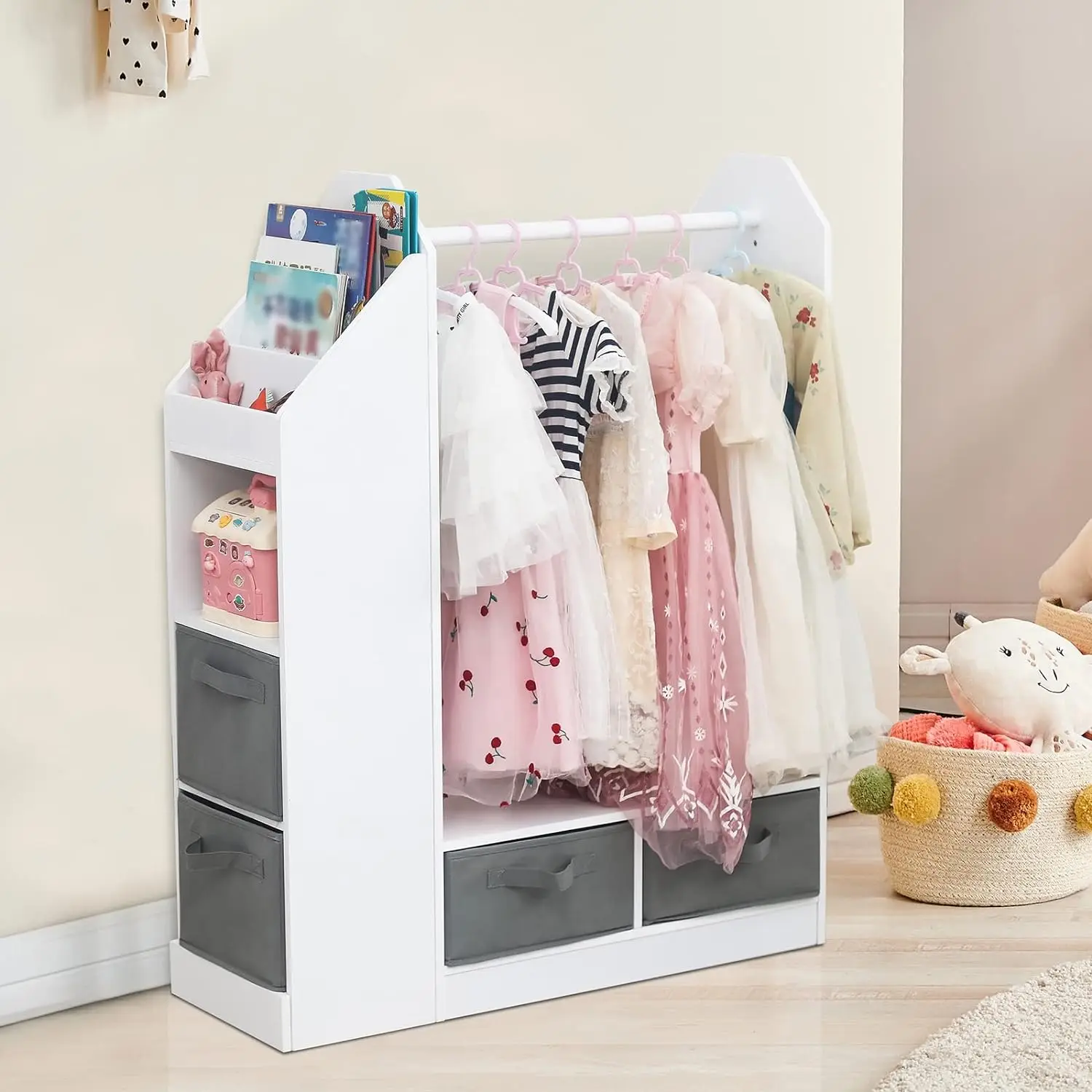 Dress up Storage w/Mirror, Kids Costume Organizer, 42.13 Inch Portable Closets with Large Storage Space, White