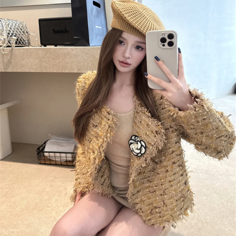 French Socialite Style Lapel Woven Jackets 2024 Autumn New High-end 3D Flower Short Coats Elegant Ladies Casual Tweed Jackets