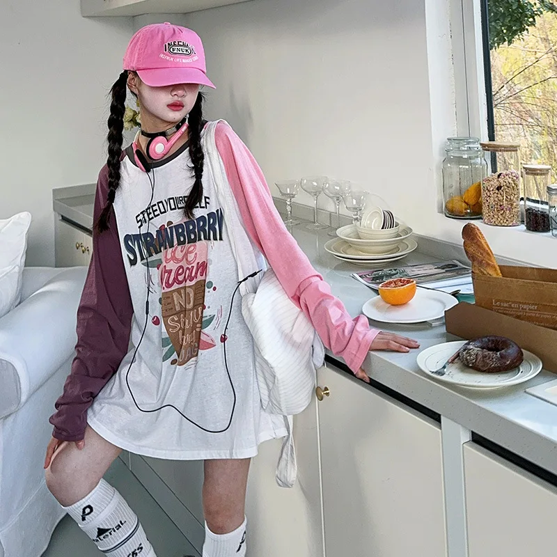 

Autumn School Girl Dress Letter Printed Round Neck Children Girls One-piece Dress Contrast Color Long Sleeves Kids Girl Dress