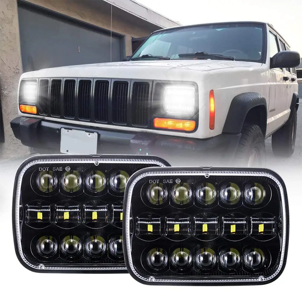 

15leds square 5x7 inch led headlights projector lens high low beam fit for jeep cherokee xj