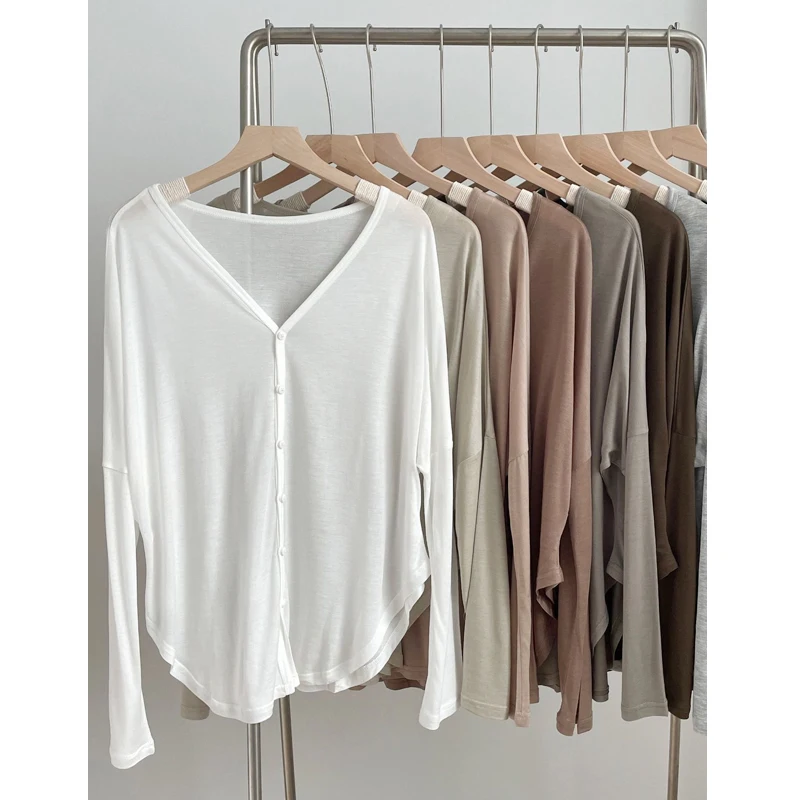 

White Summer 2026 New V-Neck Thin Cardigan Women's Outerwear Air Conditioner Cover up Sun Protection Long Sleeve Loose Fit Kn...