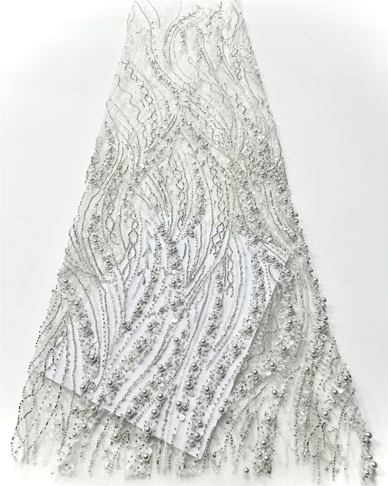 

African Beaded Lace Fabric Beautiful French Lace Fabric Mesh Nigerian Lace Fabrics Sequins For Women Wedding Party Dress